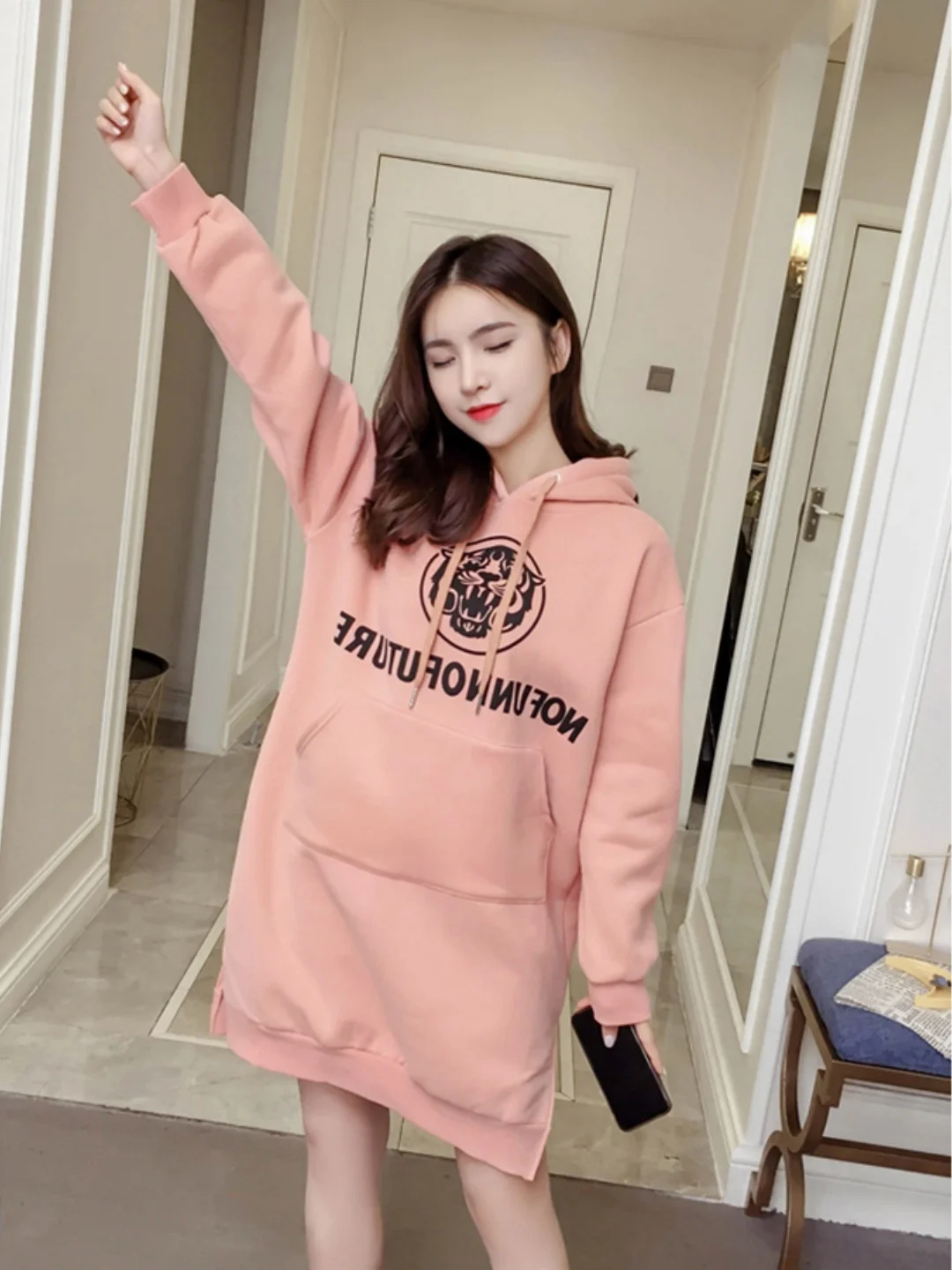 

Толстовка с капюшоном на подкладке больших размеров Dr с буквенным принтом, женская толстовка средней длины для похудения живота, корейский сле