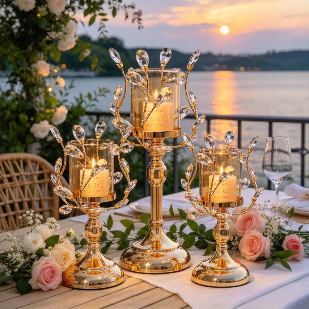 Luxury Gold Metal Crystal Leaf Candlestick Holder Set  Elegant Table Ornament for Wedding Christmas Living Room Home Decor