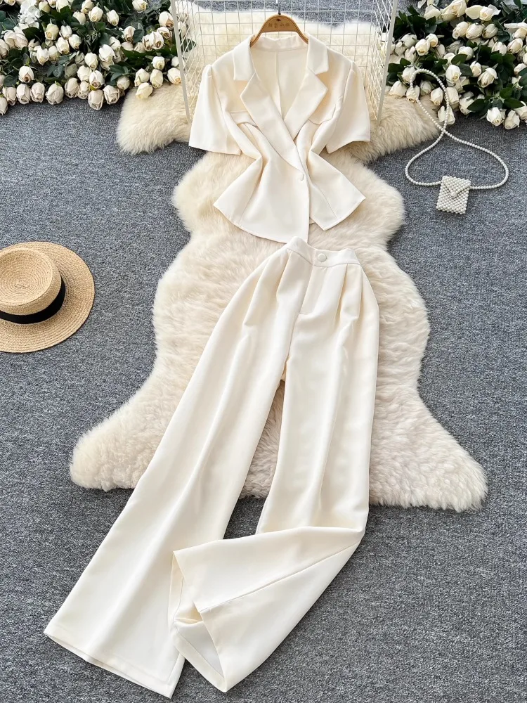 

Fashion Women's Set Women's Summer Short sleeved Suit Collar Shirt+High Waist Solid Slimming Straight Leg Long Pants 2-piece Set
