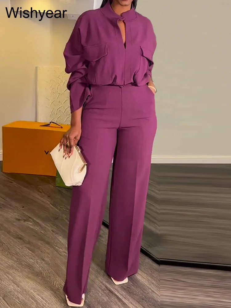 

Wishyear Women's Casual Office Suit Autumn Fashion Purple Loose Long Sleeve Shirt Top And Wide Leg Pants Two-Piece Set Outfits