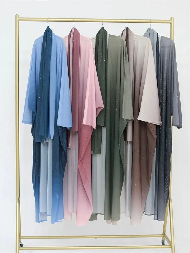 Ramadan Eid Shiny Gradient Open Kimono Abaya Dubai Muslim With Hijab Abayas For Women Kaftan Dress Islamic Clothing Robe Femme