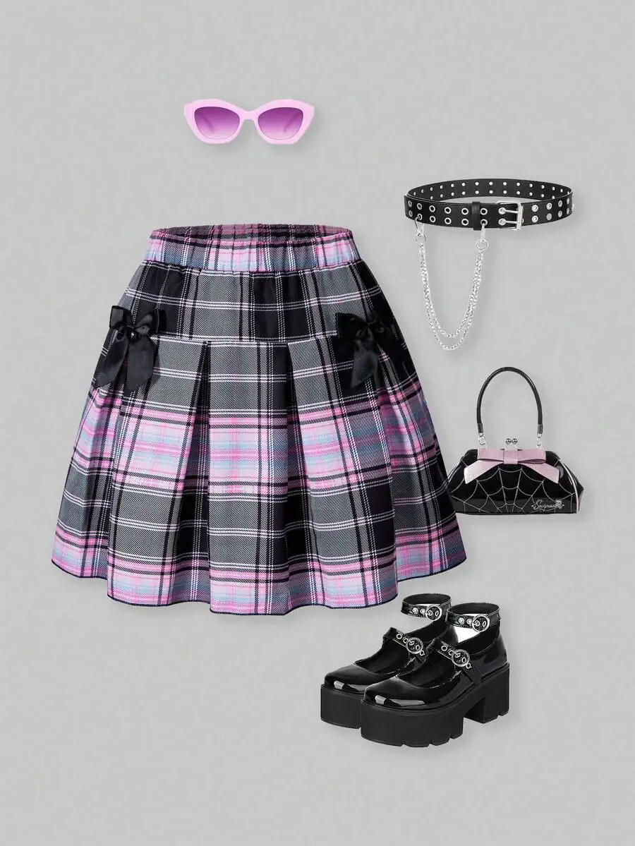 

Girls Pleated Plaid Skirt with Bow Accents, Pink Black Gray
