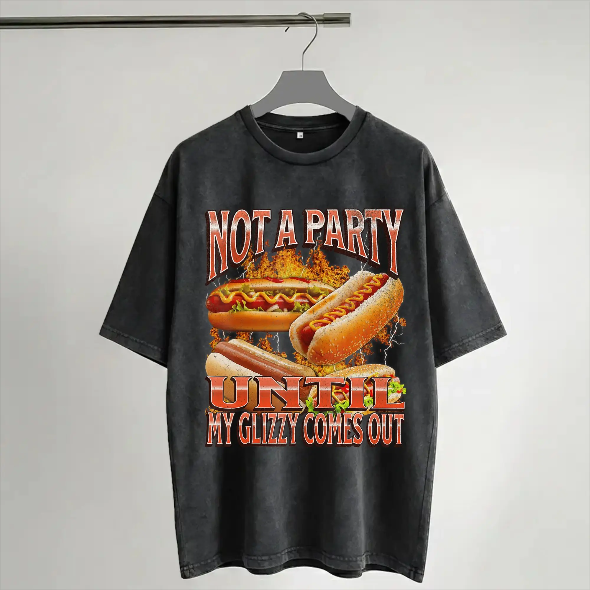 Not A Party Until Glizzy Funny Wiener Hot Dog T Shirts Hip Hop Washed Short Sleeve T-Shirts  Fashion Men Women Streetwear