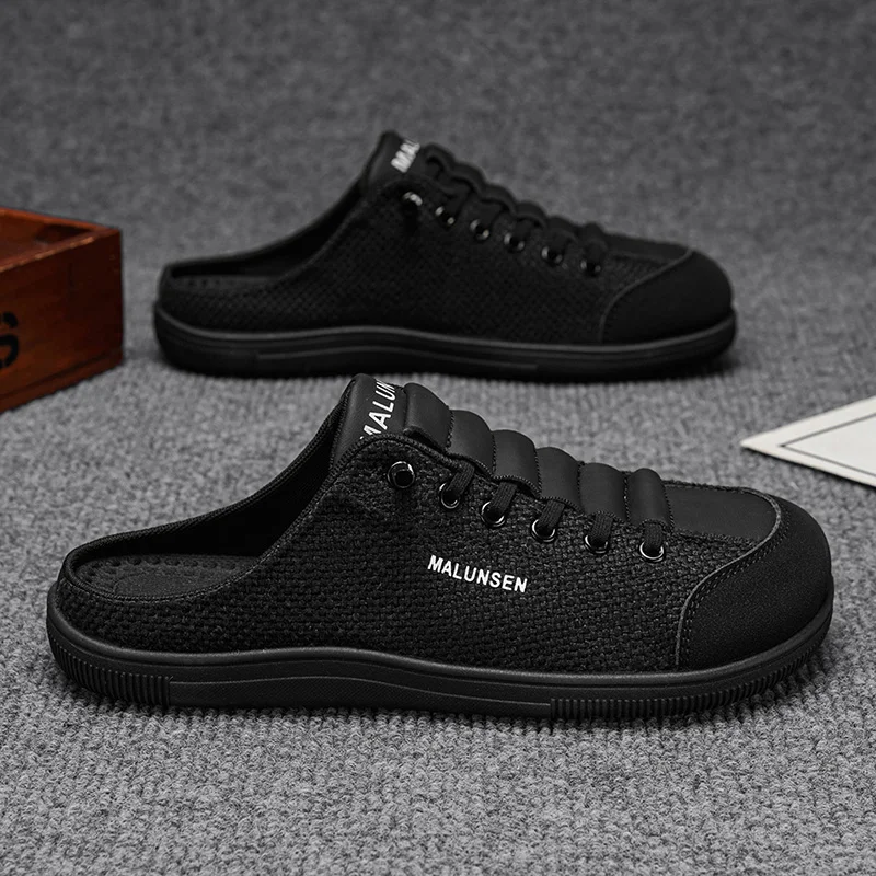 Fabric Mules Men Backless Casual Shoes Open-back Loafers Slippers Closed Toe Flat Sneakers Outdoor Half Shoes Slides Sandal