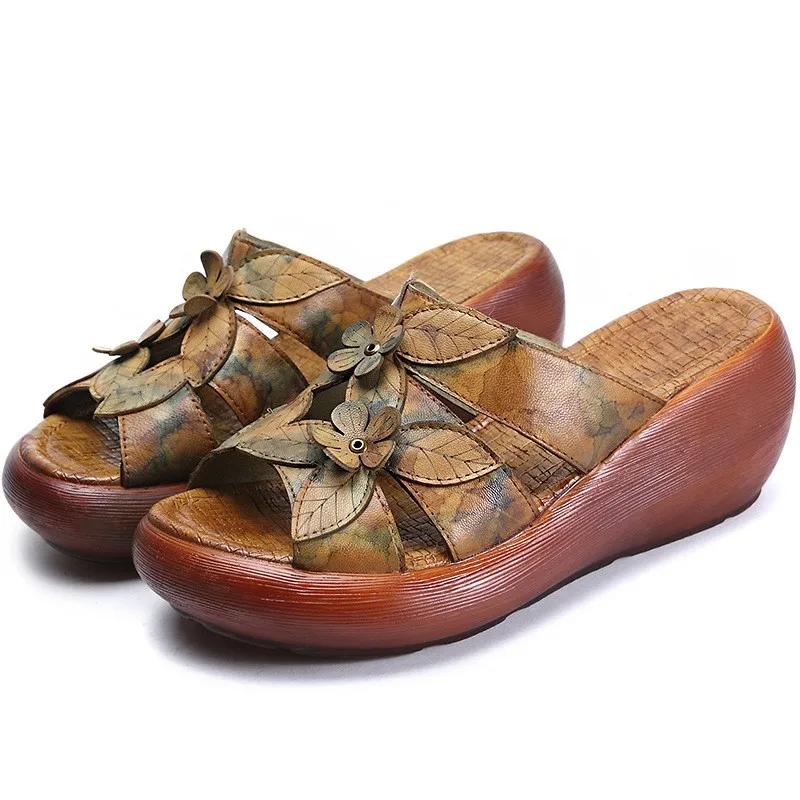 2026 Spring/Summer New Leather Sandals - Women's Flower Pattern Colored Thick-Topped Shoes - Casual Retro Shoes