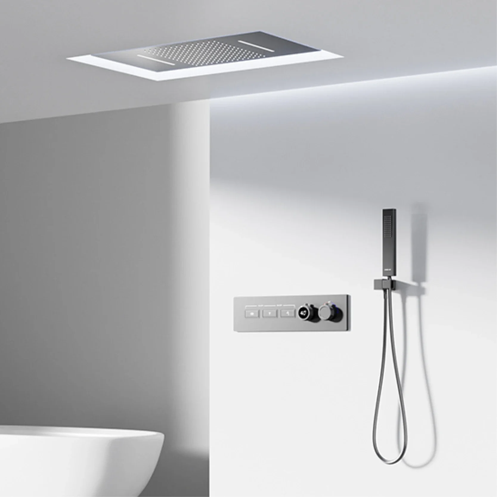 

Роскошный пистолет, серая латунь, потолочная душевая система с постоянной температурой, настенный дизайн, цифровой дисплей для холодной и горячей воды, смеситель для ванной комнаты