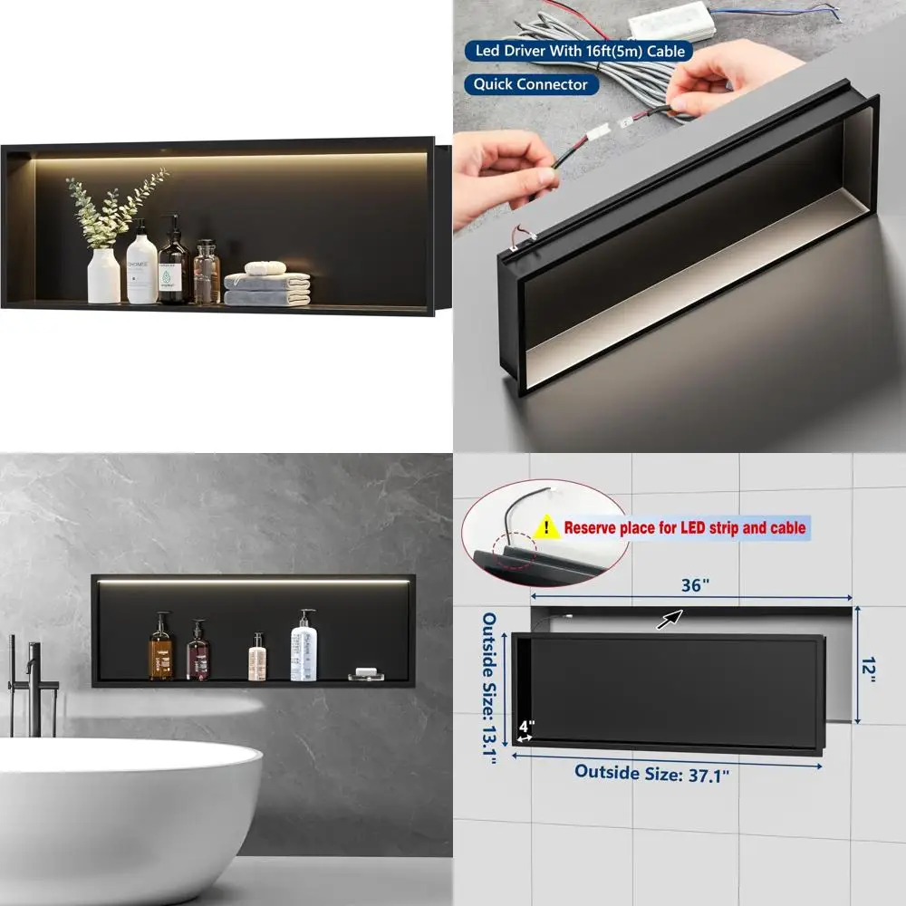 

Matte Black 36x12 LED Lighted Shower Niche with Stainless Steel Cabinet and 3000K Warm Light Waterproof Bathroom Storage