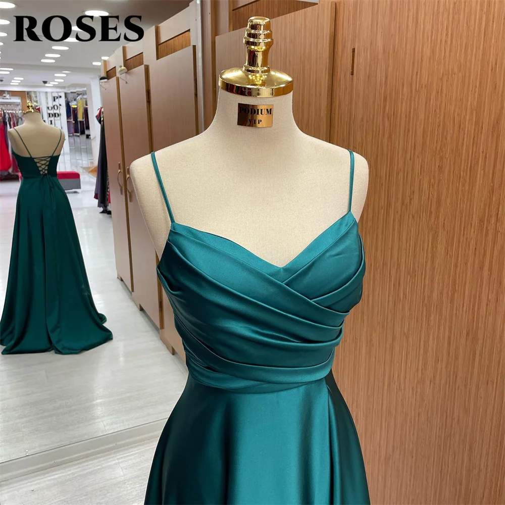 ROSES Drak Green A 라인 포멀 드레스, V 넥 플리트, 스파게티 스트랩, 특별 행사 가운