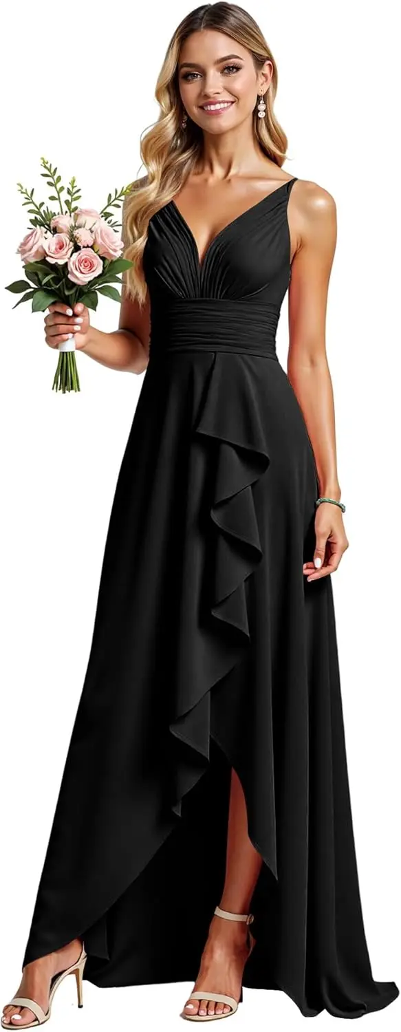 فستان وصيفة العروس طويل من الشيفون برقبة على شكل حرف V، مكشكش، مطوي، فستان كرة بفتحة جانبية، فستان سهرة نسائي، فستان كوكتيل