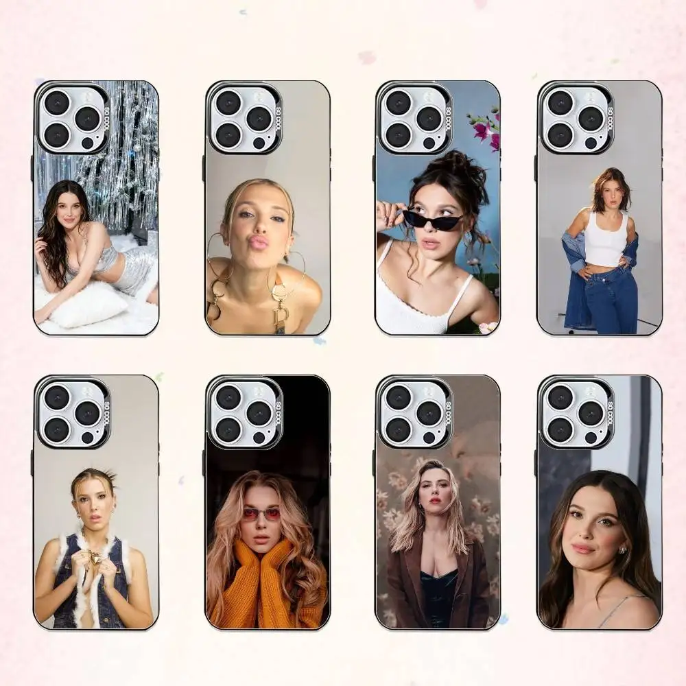 

M-Millie Bobby Brown Phone Case For iPhone17,16,15,14,13,12,11 Plus,Pro Max Colored Silver Plated Inside Cover