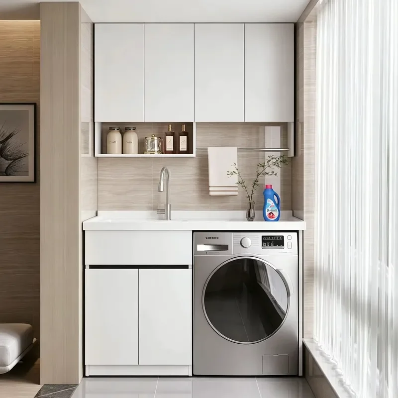 PVC Contemporary Bathroom Cabinet with Ceramic Basin Stainless Steel Drainer Water Resistant Easy Clean for Balcony Outdoor