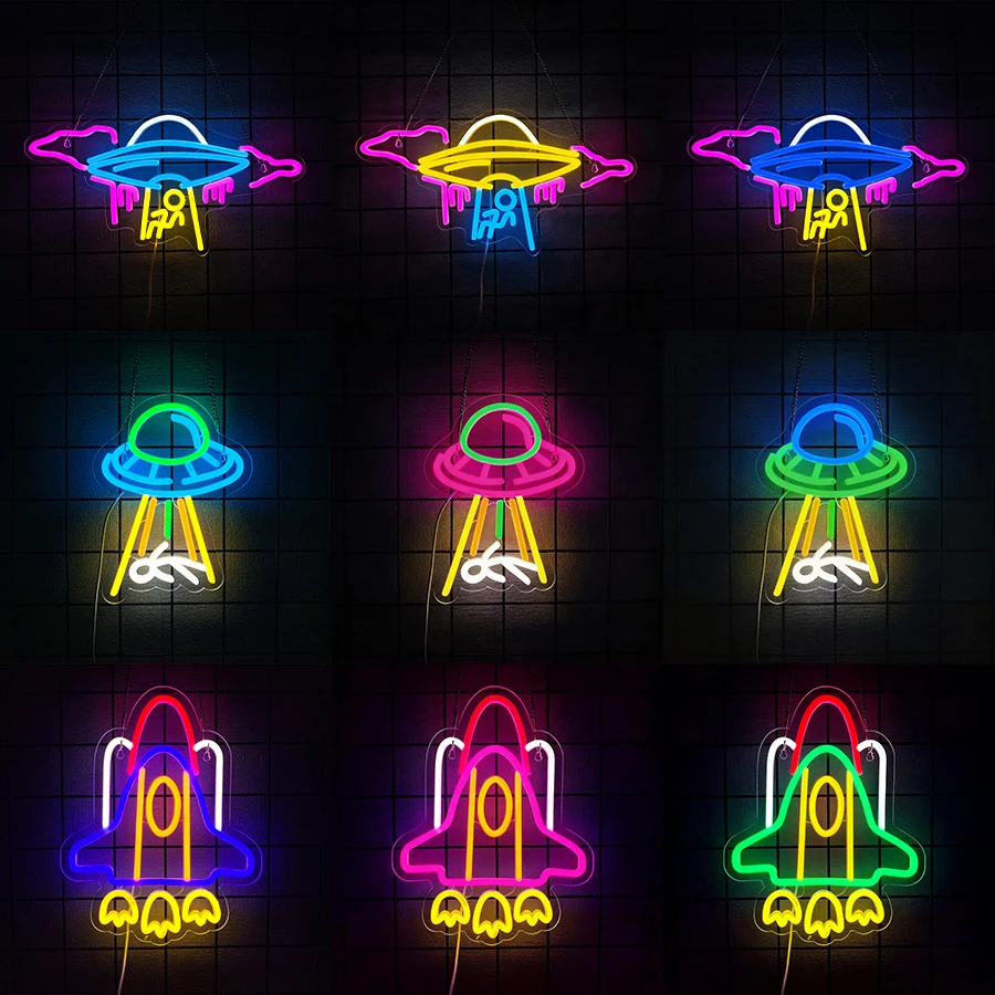 UFO Neon Sign for Room Decor,Alien LED Neon Lights,Rocket Neon Light Up Sign for Kids Bedroom Game Room Birthday Gift for Boys