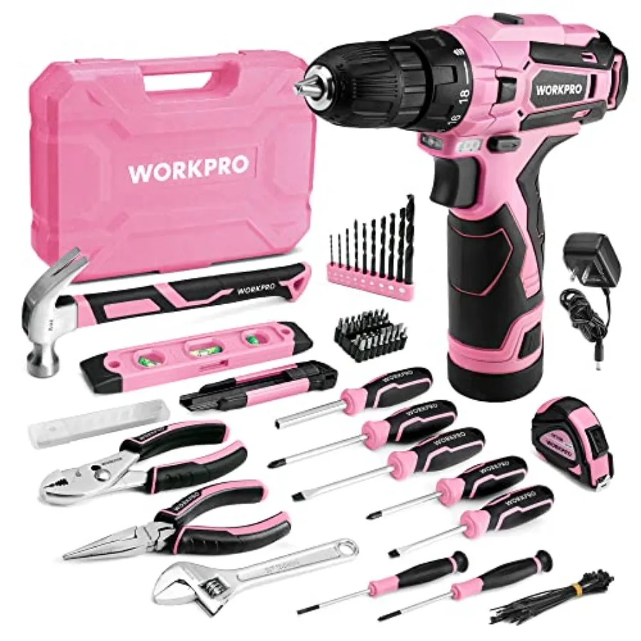 

Pink Tool Set with Power Drill 108PCS Portable Ladies Pink Drill Kit for Home with Toolbox and Pink Hammer 1.5 Ah Cordl