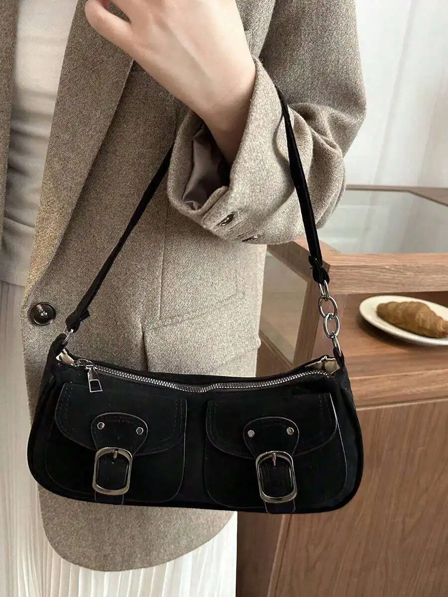 

Black Faux Suede Double Flap Pocket Shoulder Bag With Chain Strap For Women