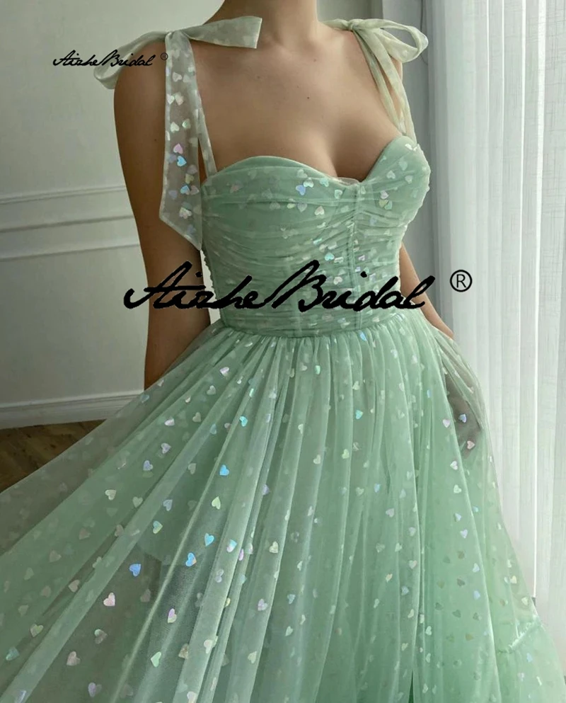 Vestido de fiesta de tul con estampado de corazón verde menta, vestido de fiesta con bolsillos laterales y tirantes con lazo, falda drapeada con borde superior, vestido de fiesta Formal