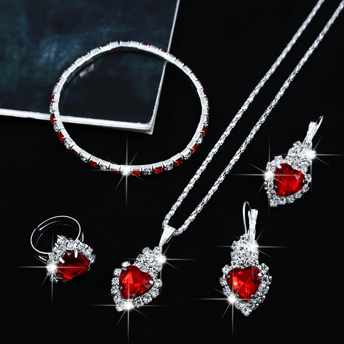 5-Piece Set of Fashionable Women's Red Heart-Shaped Design Stainless Steel Rhinestone Jewelry Set, Including Necklace, Bracelet, Earrings, and Ring, as a Holiday Gift for Her