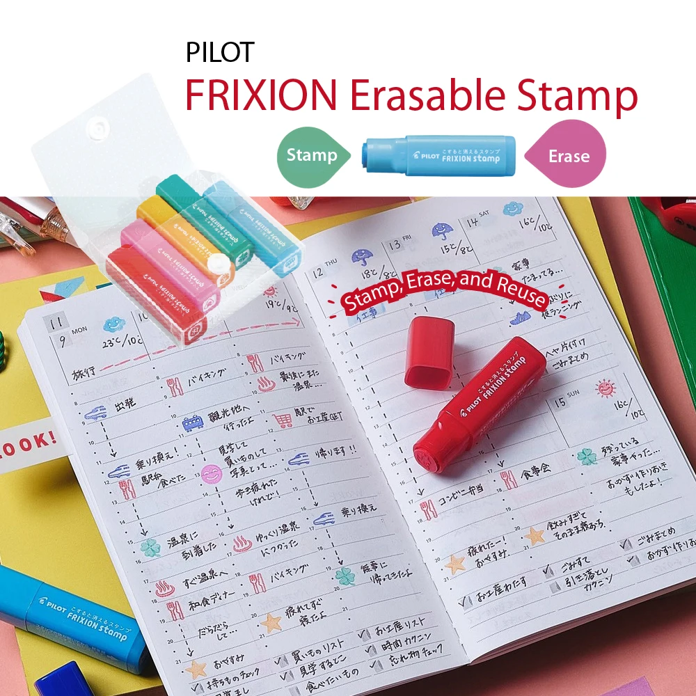 

PILOT FriXion Erasable Stamp – Mini Self-Inking Quick-Dry No-Trace Cute Pattern Seal for DIY, Scrapbooking, Journaling, Calendar