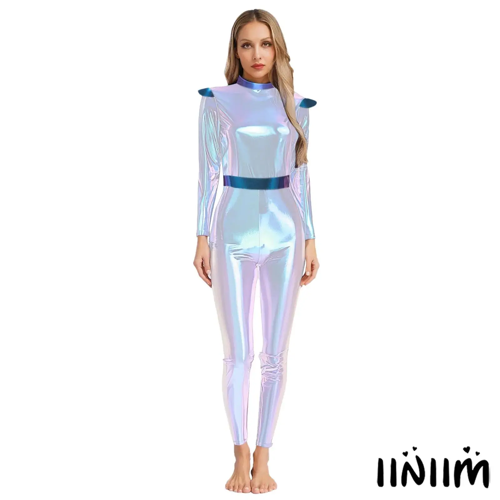 

Womens Halloween Alien Costume Long Sleeves High Waist Long Jumpsuit Outer Space Cutie Robot Explorer Costume for Carnival Party