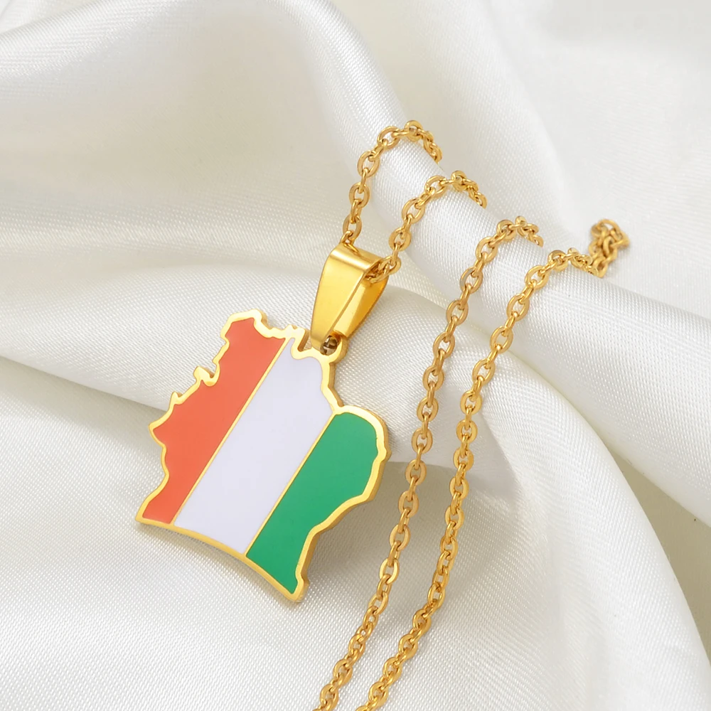 Anniyo Ivory Coast Map Flag Pendant Necklaces Cote d\'Ivoire Stainless Steel Jewelry @277721