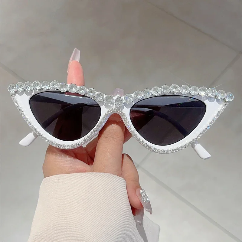 KAMMPT Vintage Cat Eye Sunglasses with Rhinestones Women Fashion Decorative Sun Glasses Original Trendy Stylish Casual Shades