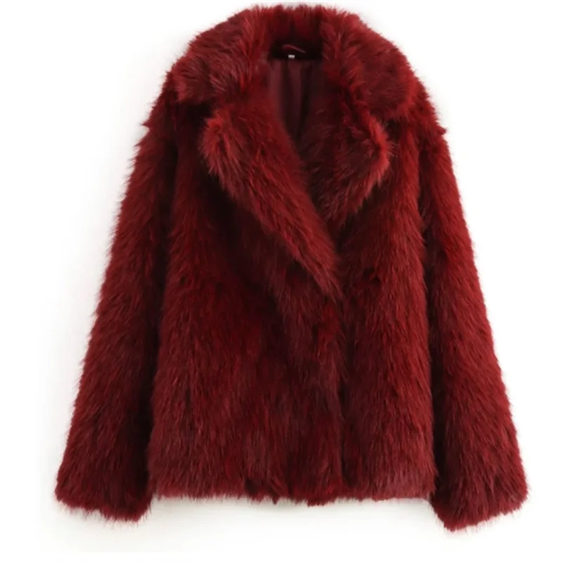 Women's synthetic fluffy leather short jacket, elegant Bordeaux long sleeved plush lapel jacket