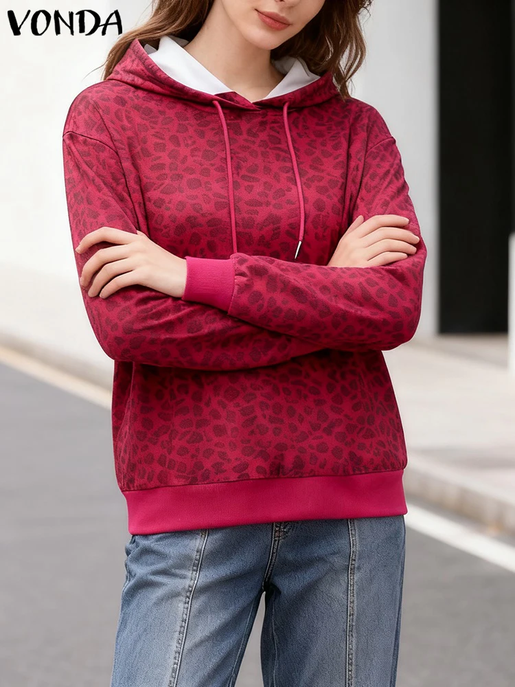 

VONDA 2025 осенние толстовки с леопардовым принтом, женские толстовки, модные повседневные свободные винтажные элегантные топы с длинными рукавами и капюшоном, джемперы