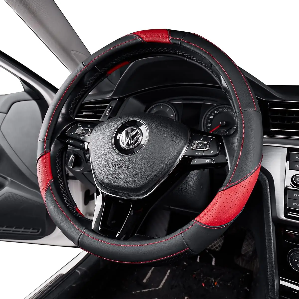 

EKR Genuine Leather 15 inch Steering Wheel Cover Universal 14.5-15.25 Inch Breathable Anti-Slip Odorless Black Red Car Wrap