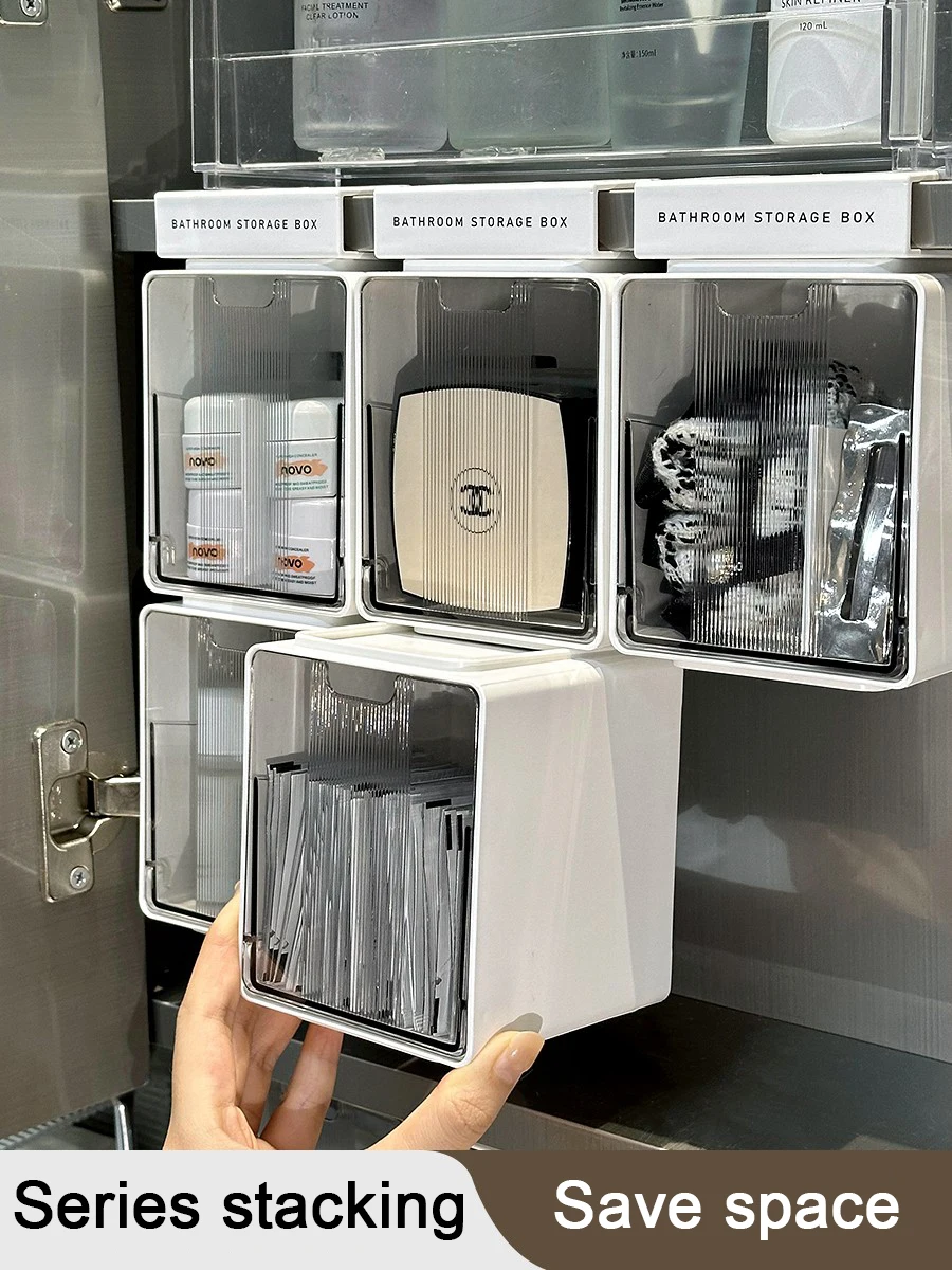Palo de algodón transparente para baño, caja de almacenamiento estilo cajón extraíble para baño, maquillaje de algodón, debajo del gabinete con espejo