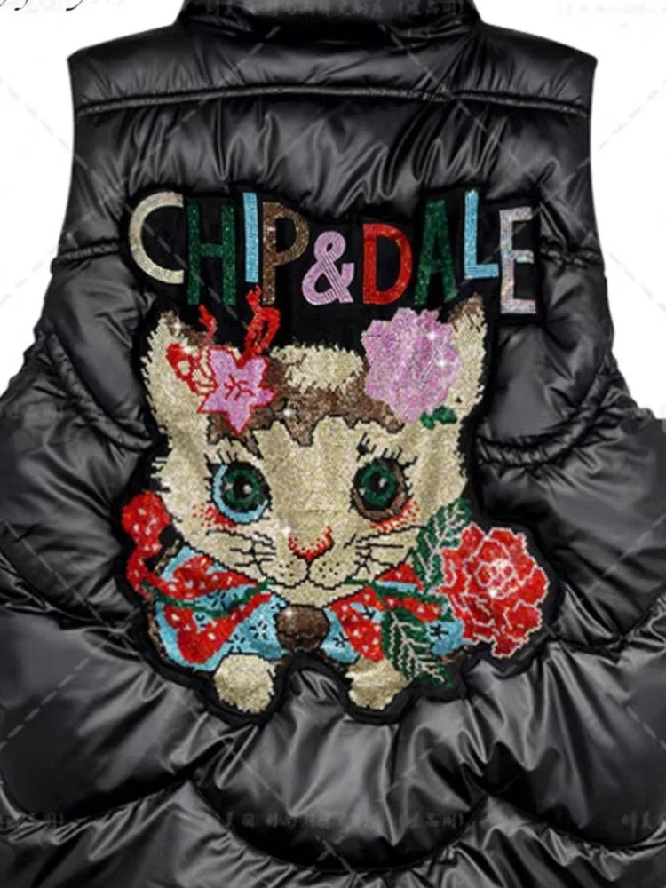 Winter cartoon letter sequin decoration down cotton vest black western-style fashion casual versatile coat for women's