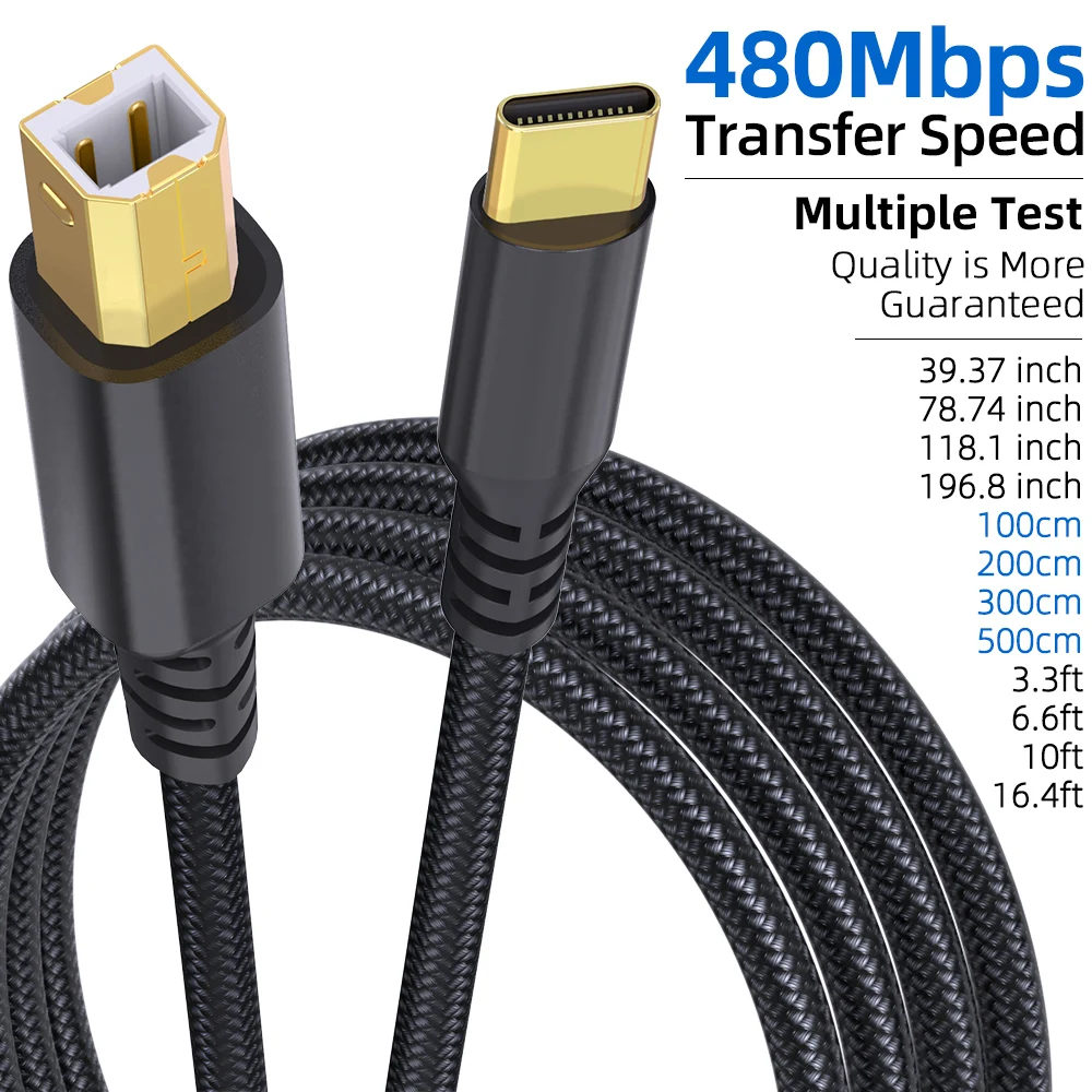 USB C to USB B Printer Cable Nylon Braided High Speed Data Cord for HP Canon Epson Brother MacBook Laptop PC