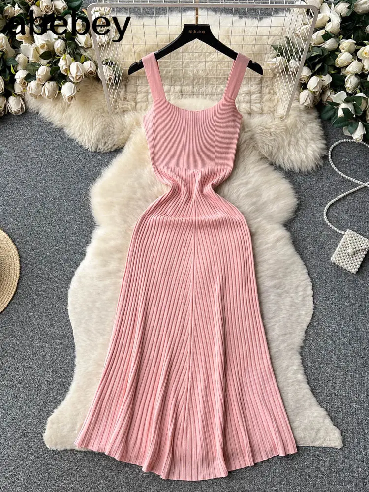 Yellow Summer Knit Sexy Strap Dress Women Tank Elatic Waist Bodycon Sundress Female Beach Backless Long Dress