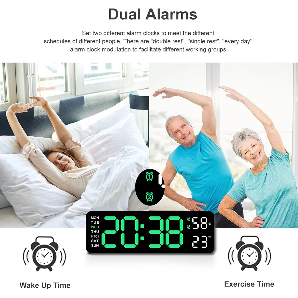 Digital Alarm Clock LED Desk Alarm Clock Temperature/Date USB Charging Electronic Wall Clock Dual Alarm Clock for Home Office