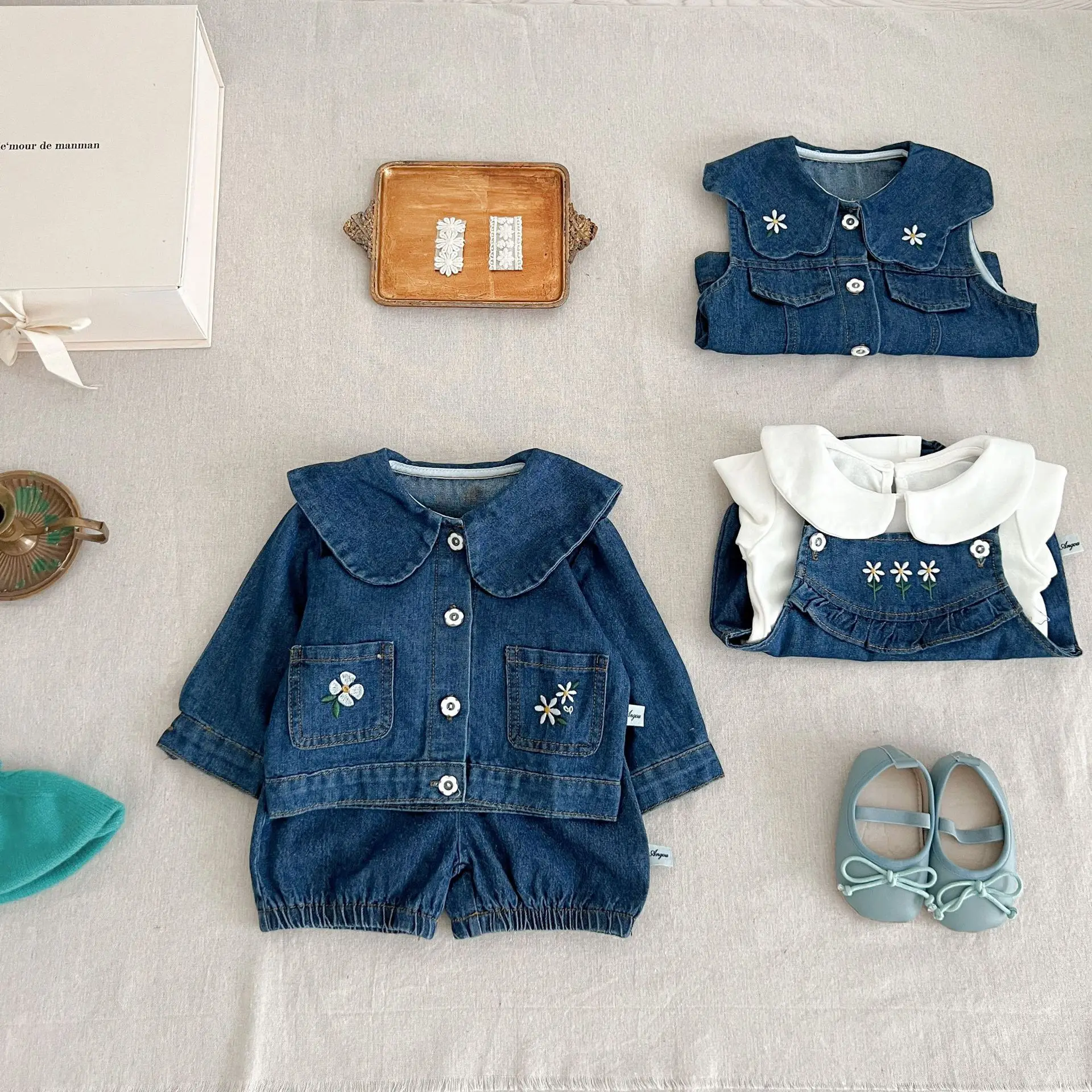 2024 Korean Autumn Baby Girls 3PCS Clothes Set Cotton Long Sleeve Tops Denim Coat Rompers Vest Jeans Suit Toddler Girls Outfits