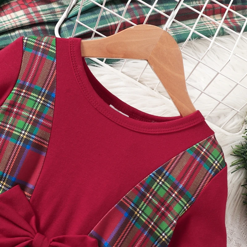 Vestido a cuadros de Navidad para niñas pequeñas, manga larga con lazo, cuello redondo, letras de Santa, línea A, en general