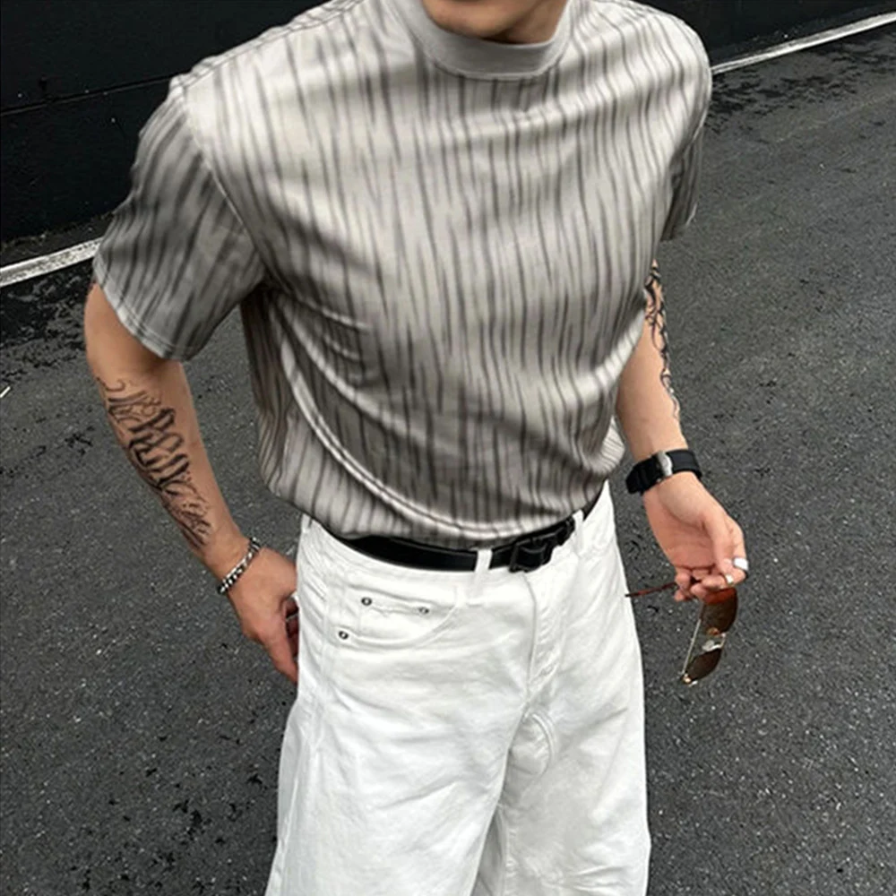 Luxury Glossy Coating T Shirt for Man Punk Style Short Sleeved Men's Striped T-Shirt Trendy Bar Club Tee Tops Streetwear