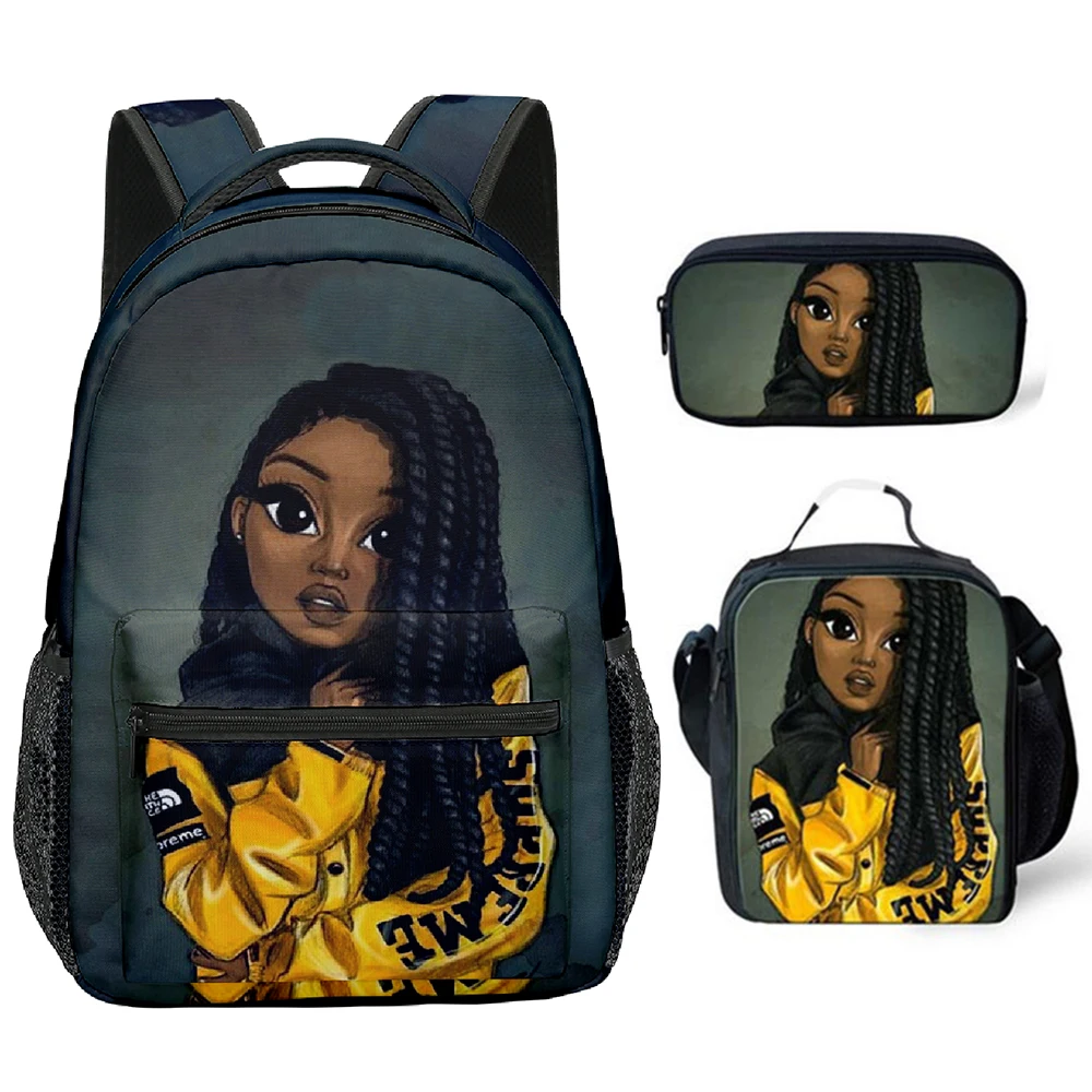 Trendy Popular Funny African girls 3D Print 3pcs/Set Student School Bags Laptop Backpack Crossbody Lunch bag Pencil Case