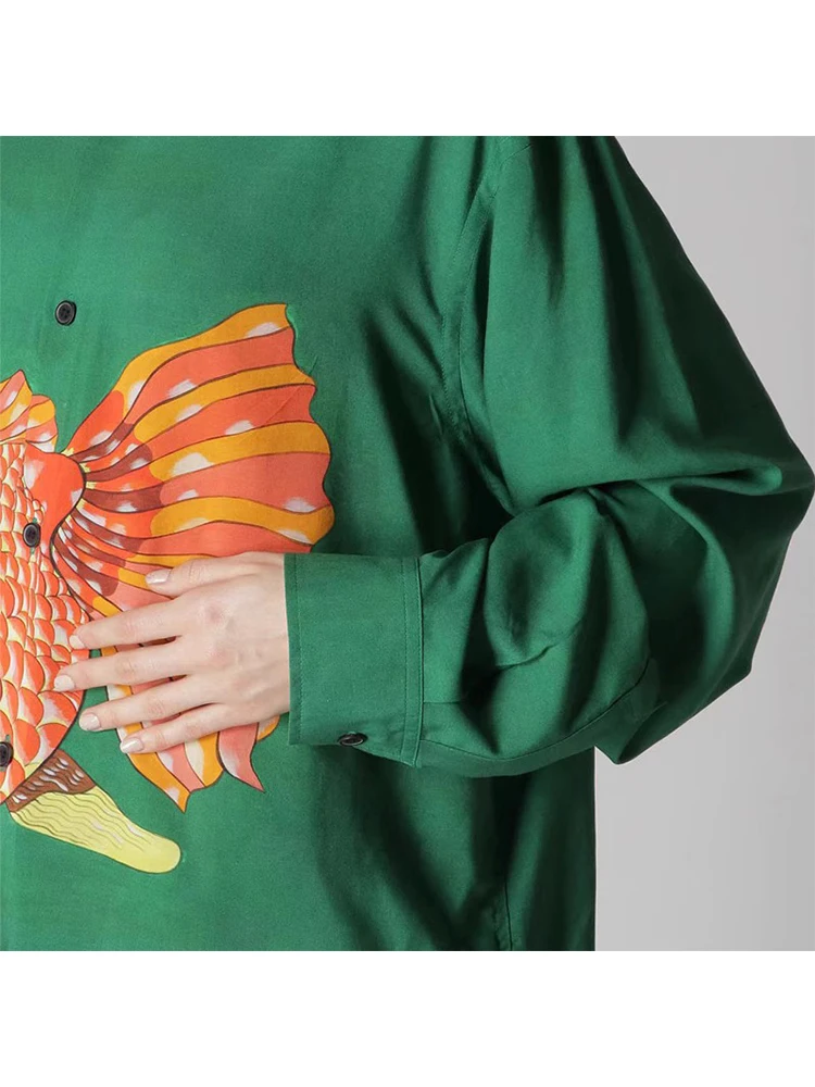 MAMELICCE Goldfish printed green shirts dark style Unisex original design for men\'s clothing Owens tops oversize shirts clothes