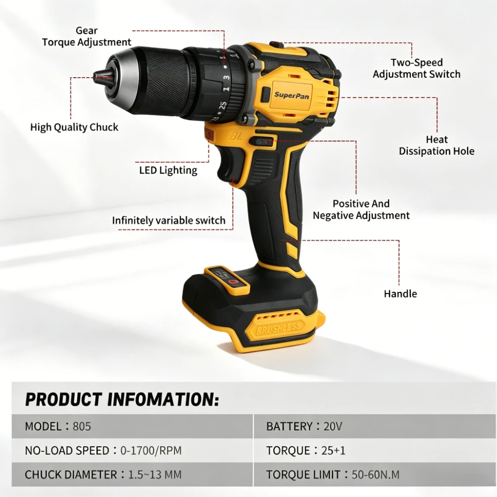 

Профессиональная ударная дрель для инженерных работ, совместимая с аккумулятором Dewalt (без аккумулятора и адаптера питания)