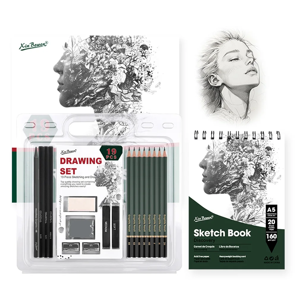 19-Piece Sketching Drawing Art Set for Students Includes Woodless Graphite Charcoal Pencils Erasers Charcoal Sticks Sketchbook