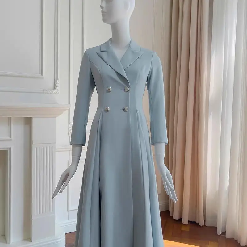 Ele Vintage Suit Dr Long Sve Midi Skirt Double Breasted Waist Cinched Gown for Date And Daily Wear Polyester Fiber