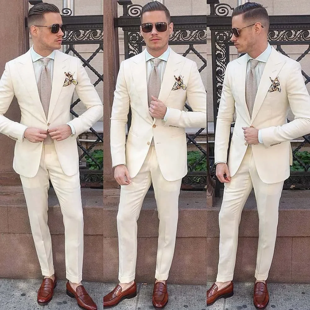 

Elegant Peak Lapel Single Breasted Men Suits Slim Wedding Groom Best Man Formal Tuxedo Casual 2 Piece Set Blazer with Pants