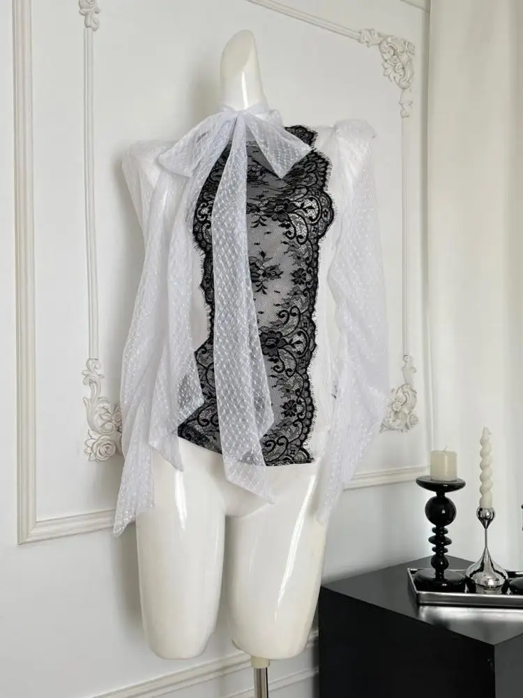 

Autumn Women French Black White Dot Patchwork Lace Bow Lace-up Top Vintage Temperament Long Sleeve Zipper Clothing Popular Trend