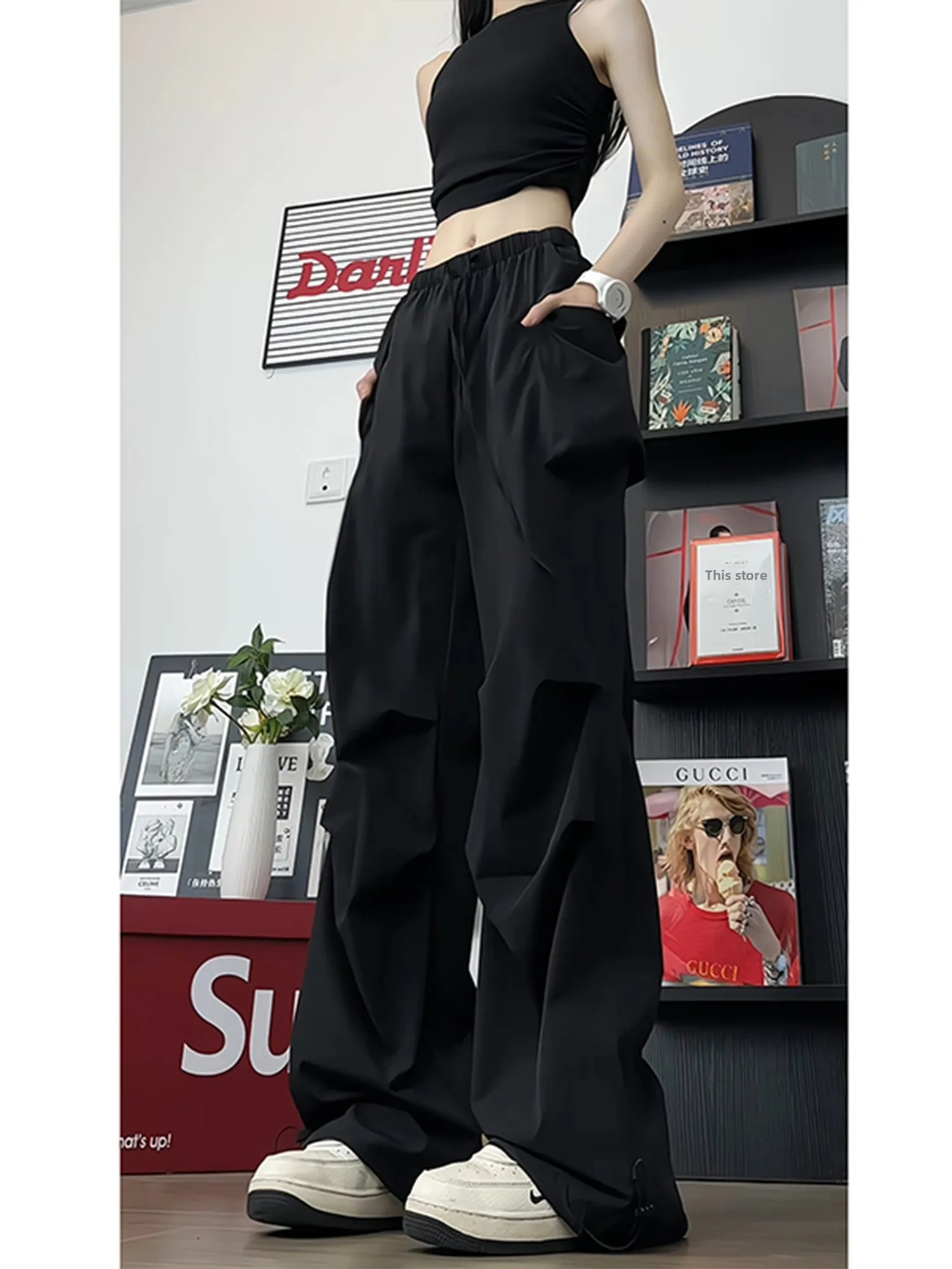 

American Sle Qui Dry Paratrooper Pants Men Summer Thin Loose Ice Silk Wide Leg Pants Pleated Design Cool Haome Trousers