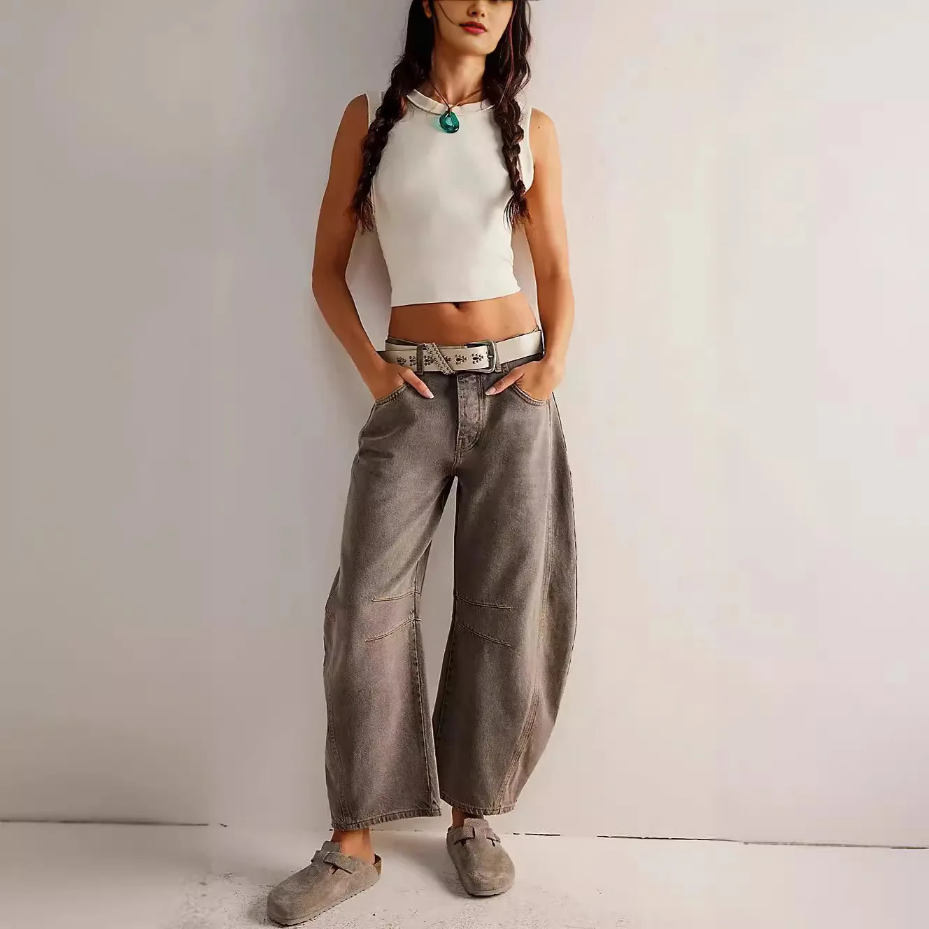 Loose Fit Wide Leg Low Rise Washed Denim Jeans Women 2026 Trendy Comfort Stretch