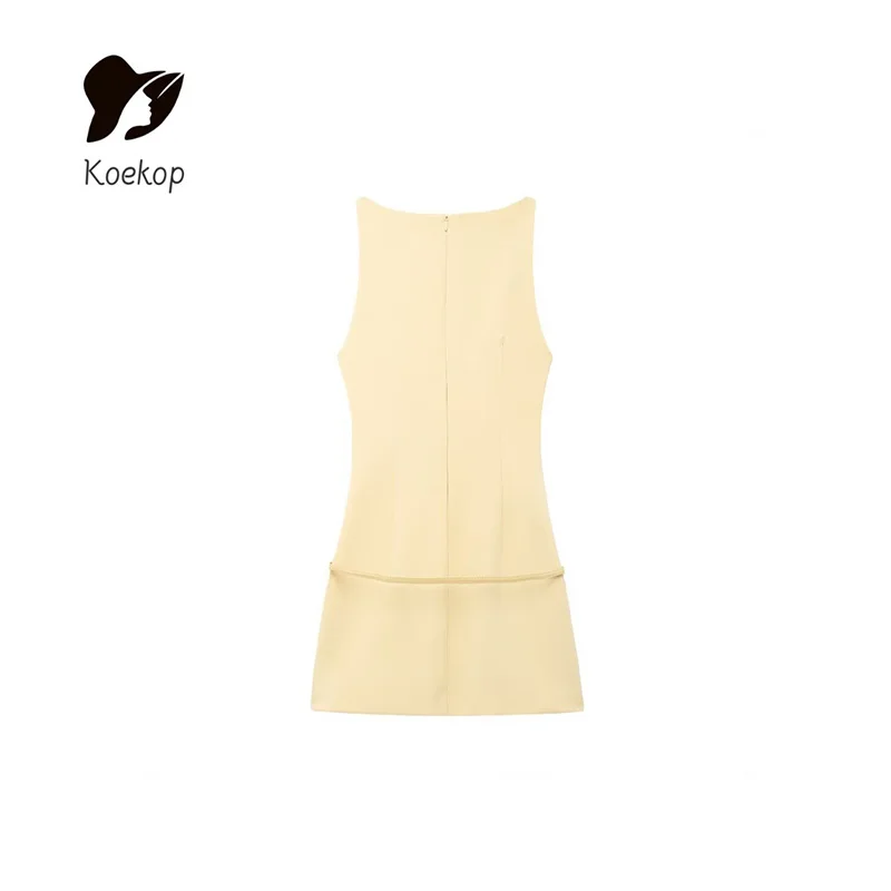 Koekop Women's Fashion Solid Color Belt Decoration Knee Length Dress Vintage Casual Temperament Sleeveless Chic Lady Dresses