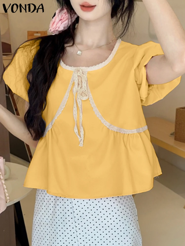 

VONDA Women Casual Lace Blouse 2025 Summer Tops Short Puff Sleeve Bow Shirts Loose Elegant O-Neck Korean Blusas Fashion Tops