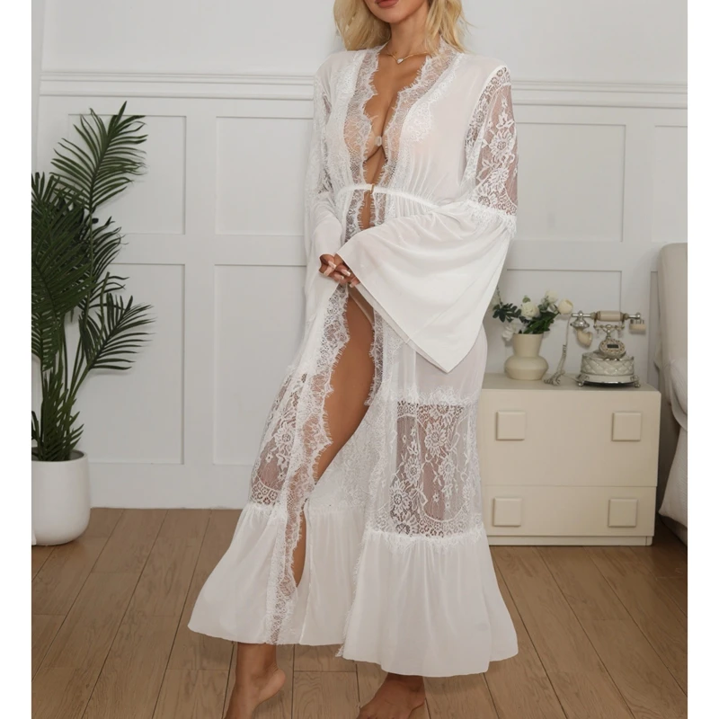 HEZIOWYUN Women Nightdress with Belt Elegant Long Sleeve Floral Lace Patchwork Chiffon Ruffle Flowy Sheer Maxi Robes Loungewear
