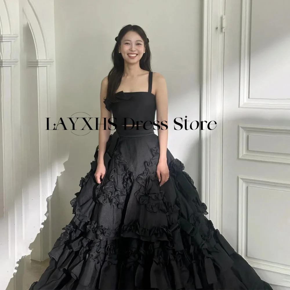 2Pcs Square Collar Black Korean Wedding Dress A-line 3D Flowers Satin Strap Outdoor Photo Shoot Evening Party Dress Customized