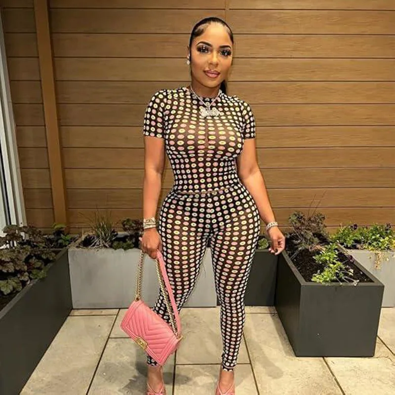 

Sexy Printed Polka Dot Mesh Slim Short-sleeved Top Wide-leg Pants Sets Women Summer Top Wide-leg Pants Set For Women 2025