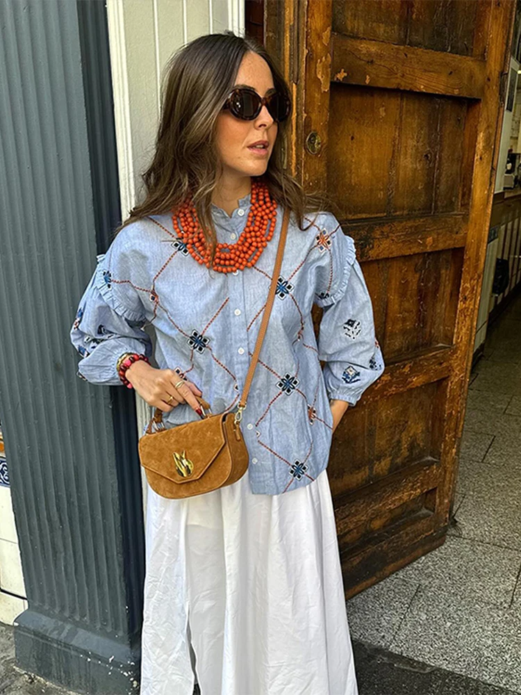 Embroidery Shirts for Women Stand Chic Long Lantern Sleeve Tops Female 2024 New Spring Summer Ladies Casual Streetwear Elegant